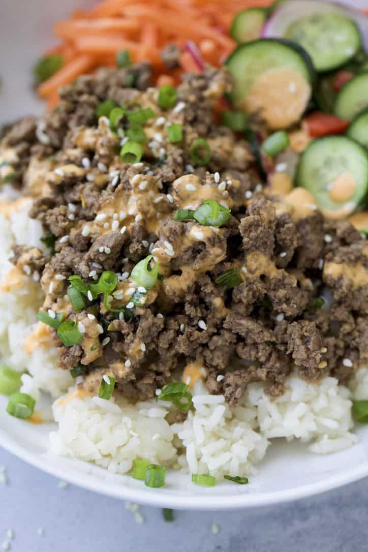Closeup of Korean beef bowl with rice.