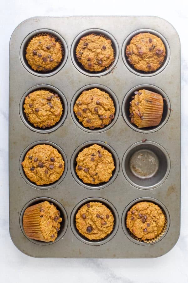 Pumpkin protein muffins in pan.
